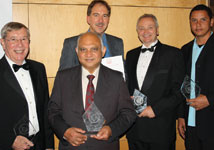 The SAFA award winners from left: Franz Lackinger (most innovative product award), KV Dahya (special achievement award), Dr. Johannes Auret (member of the year), Eldon Kruger (President’s award) and Erik Stromvig (Young achiever of the year). Absent: Rowan Humphreys (special achievement award)